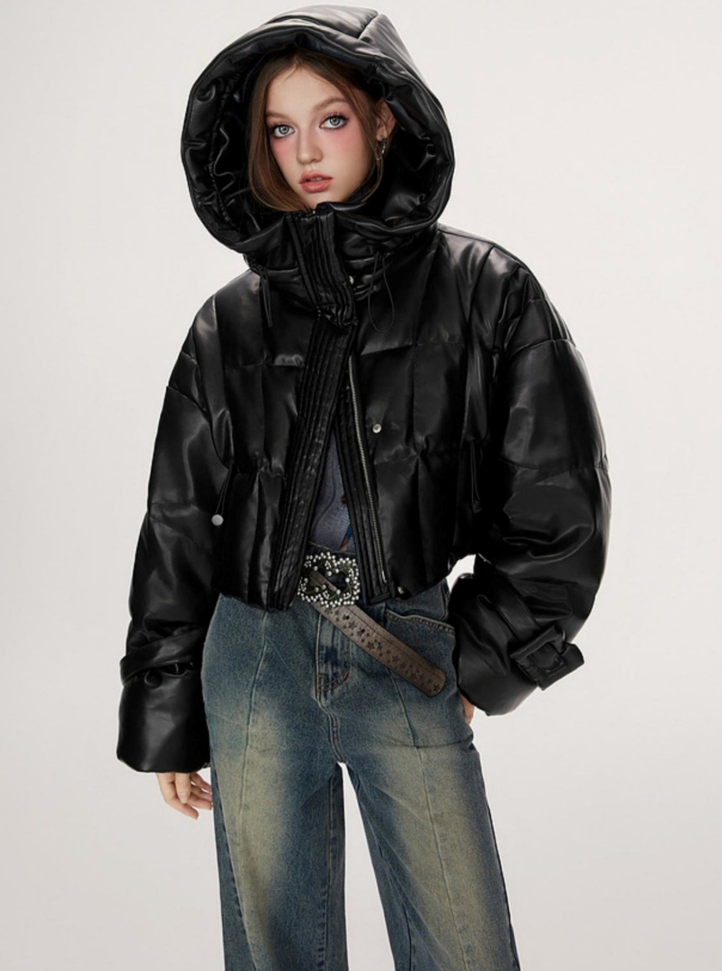 Retro biker style hooded warm leather jacket