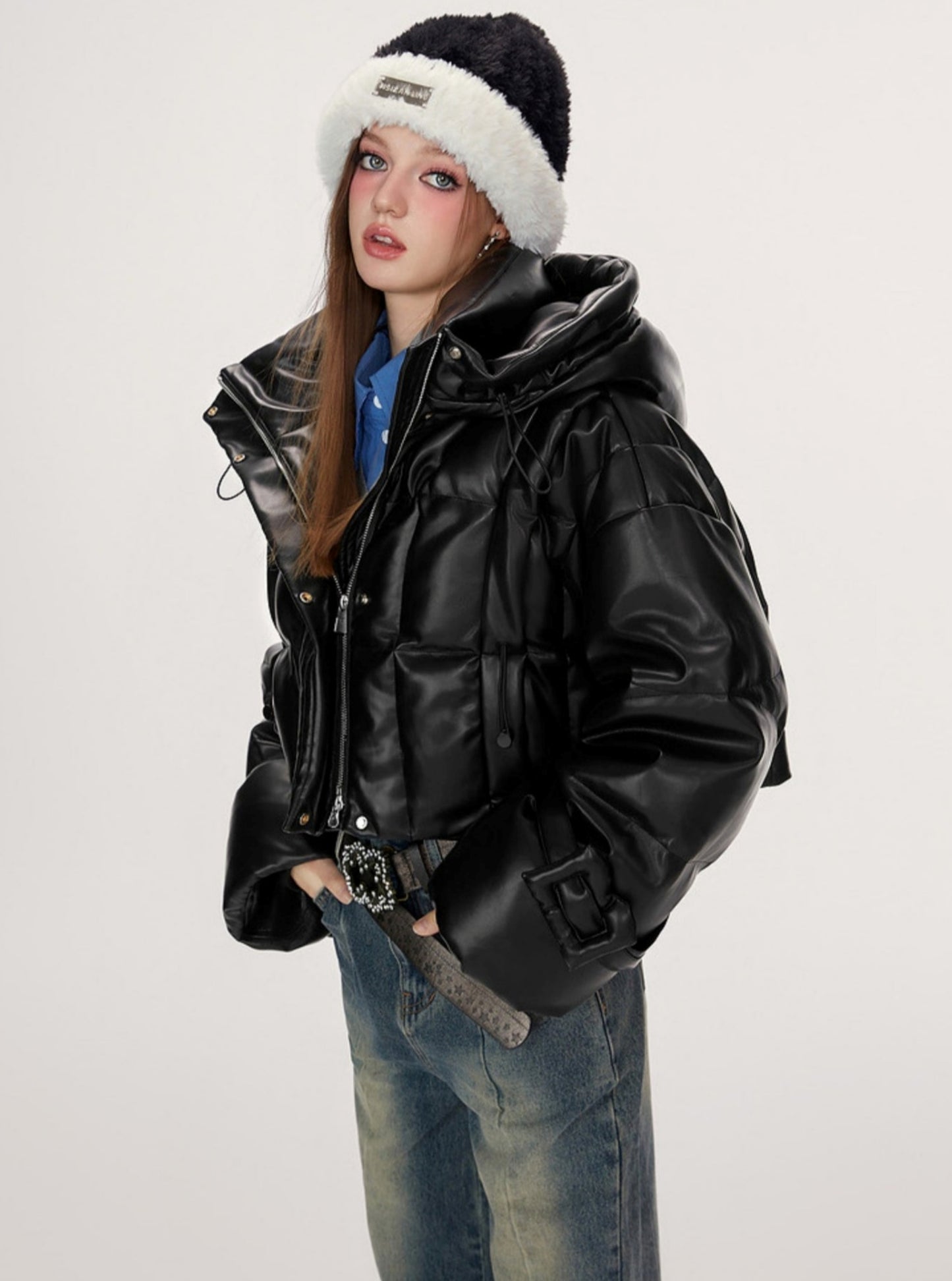 Retro biker style hooded warm leather jacket