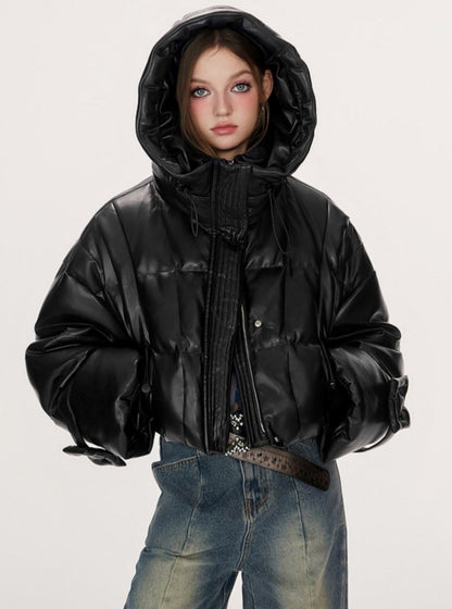 Retro biker style hooded warm leather jacket