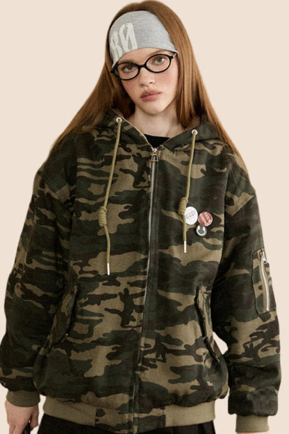 EZEK American Retro Lambswool Pile Thickened Camouflage Hooded Cotton Suit Women's Autumn and Winter Loose bf Cargo Jacket Tide