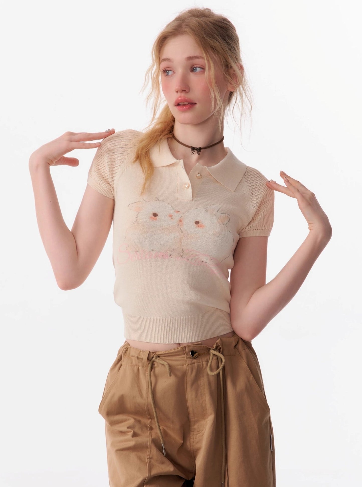 Rabbit Print Cut-Out Polo T-Shirt