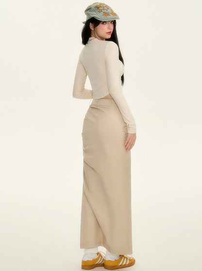 Shirred satin long pleated skirt