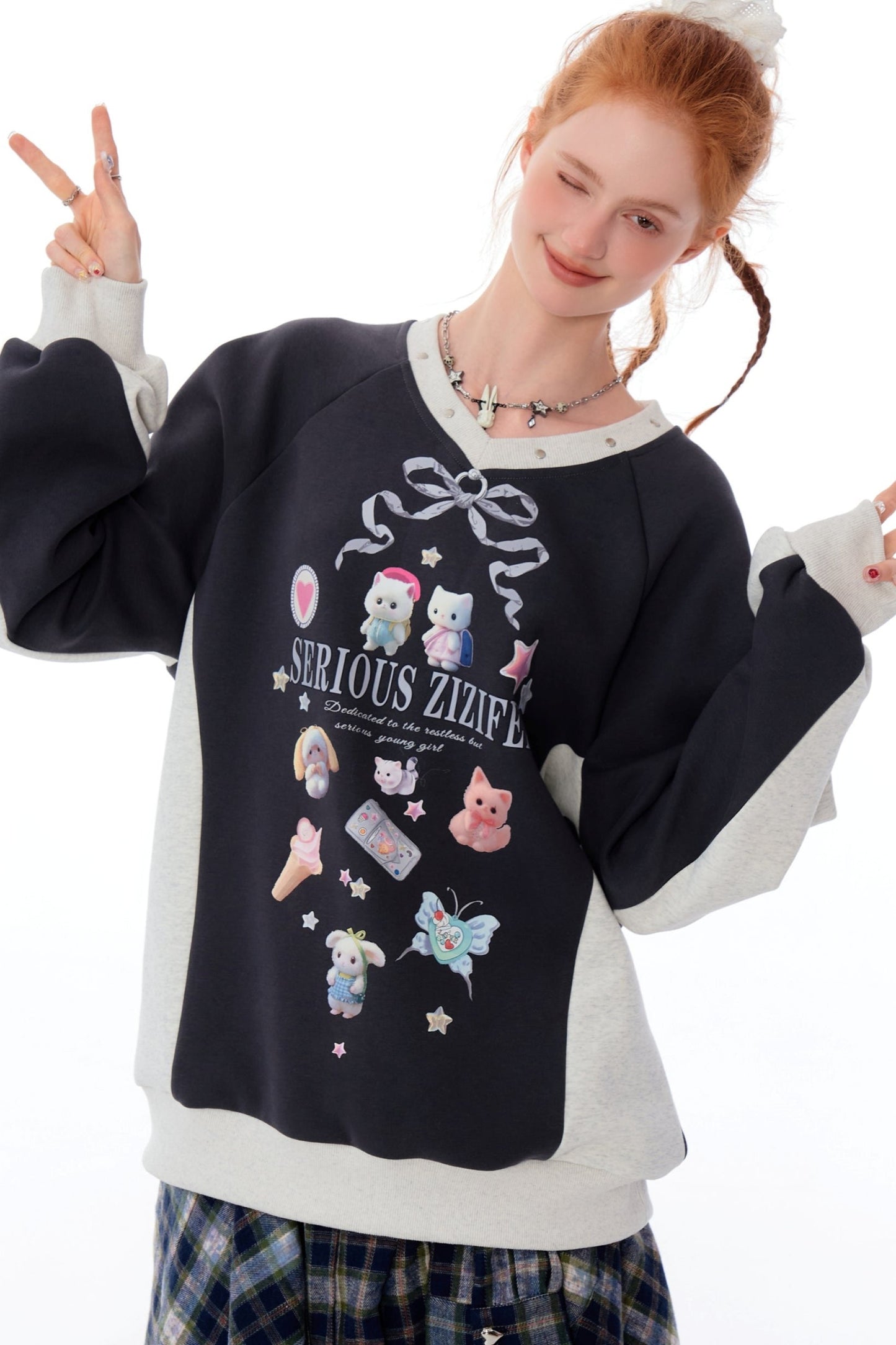 Sporty Loose Cute Print Sweatshirt