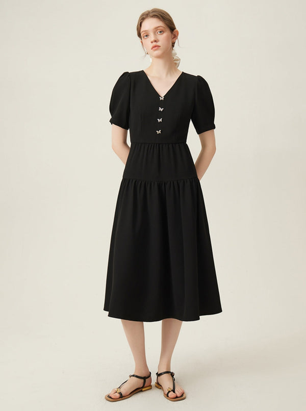 French V-Neck Black Bow Dress