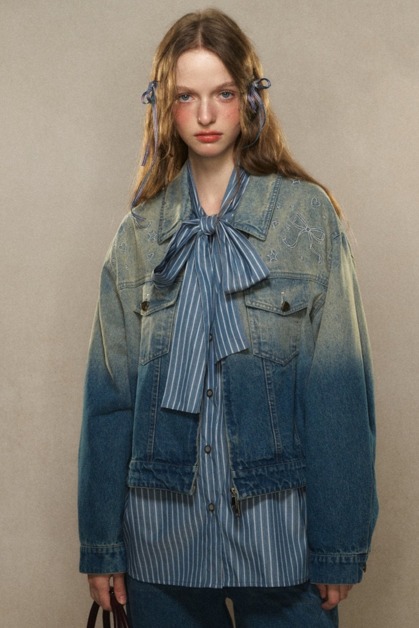 LOLOL ® 24FW Blue Gradient Denim Jacket Women's 2024 Irregular Bow Cropped Jacket Top