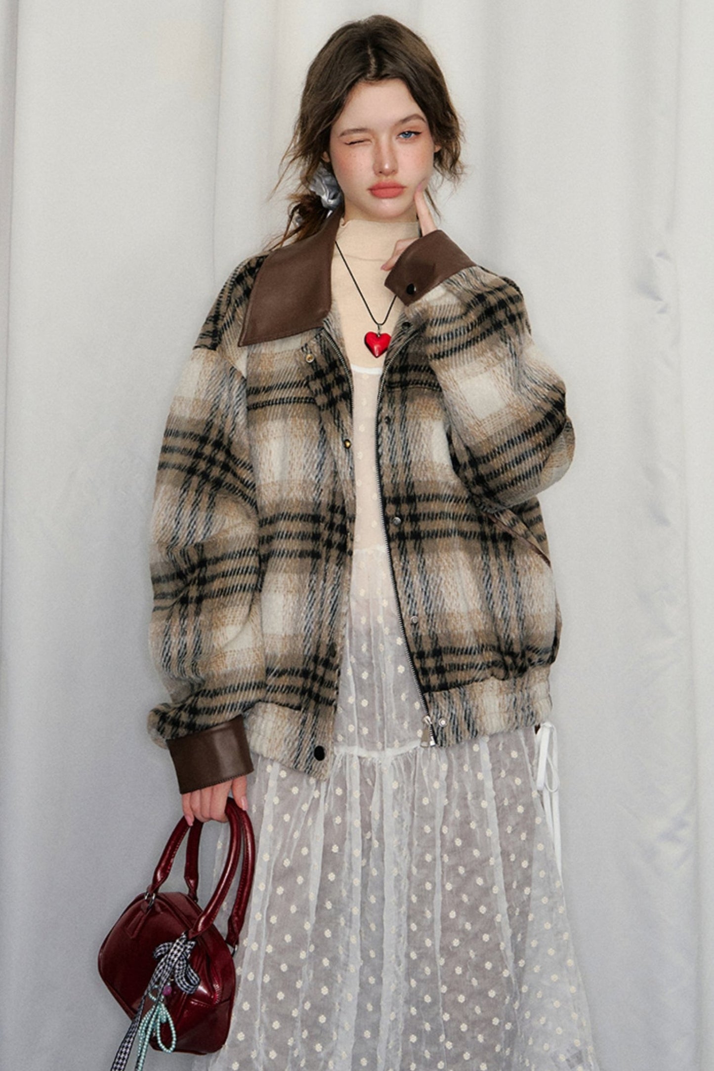 CyNi American Plaid Woolen Jacket Top, Wolle Tweed Revers, Herbst weiblich braun Temperament, Senior Short O