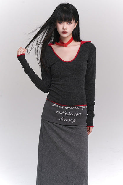 Ghost girl autumn beautiful unique early autumn chic suit skirt temperament gray skirt premium top