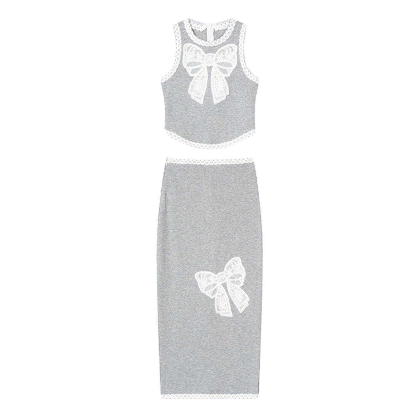 Grey Lace Vest And Skirt Set-Up