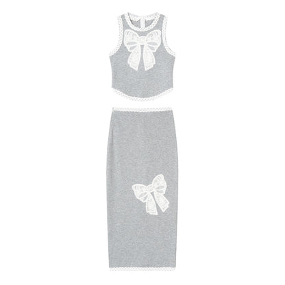 Grey Lace Vest And Skirt Set-Up