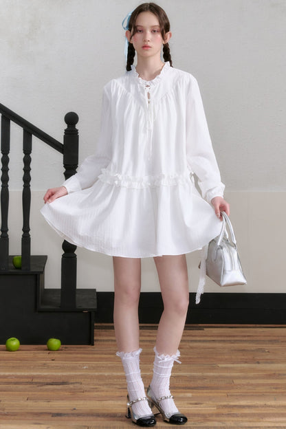 AYF Lace-up Shirt Dress French retro niche design sense foreign long-sleeved loose cropped dress