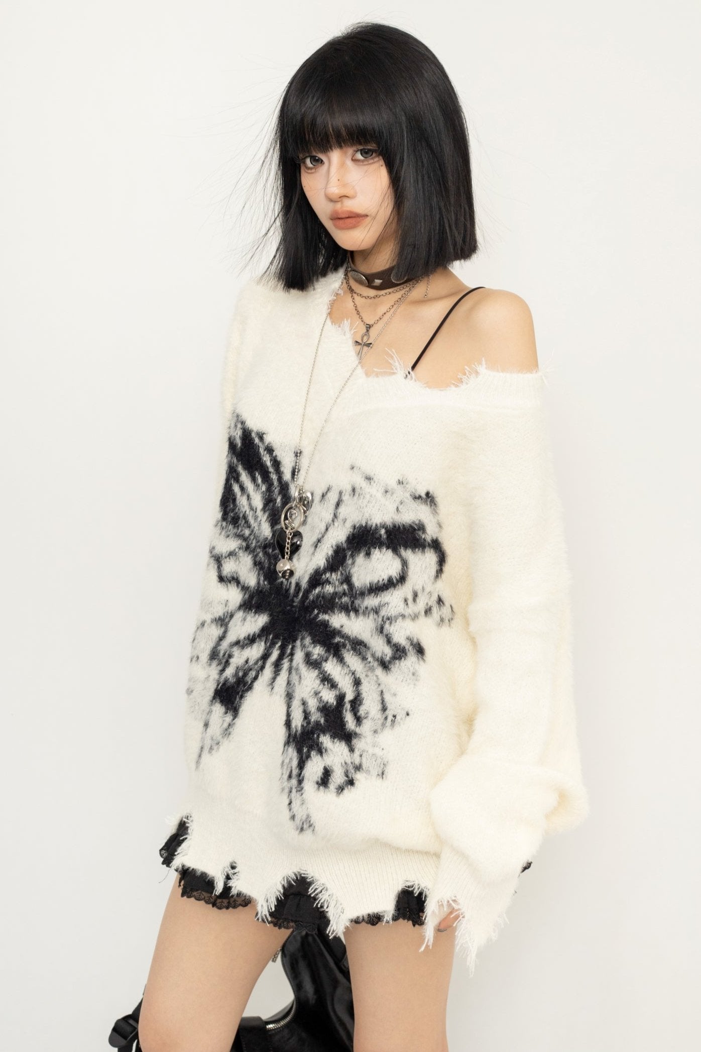 Frayed Sweater Butterfly Print Top