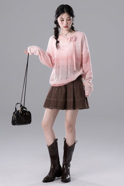 Gradient Blush V-Neck Pullover Knit Top