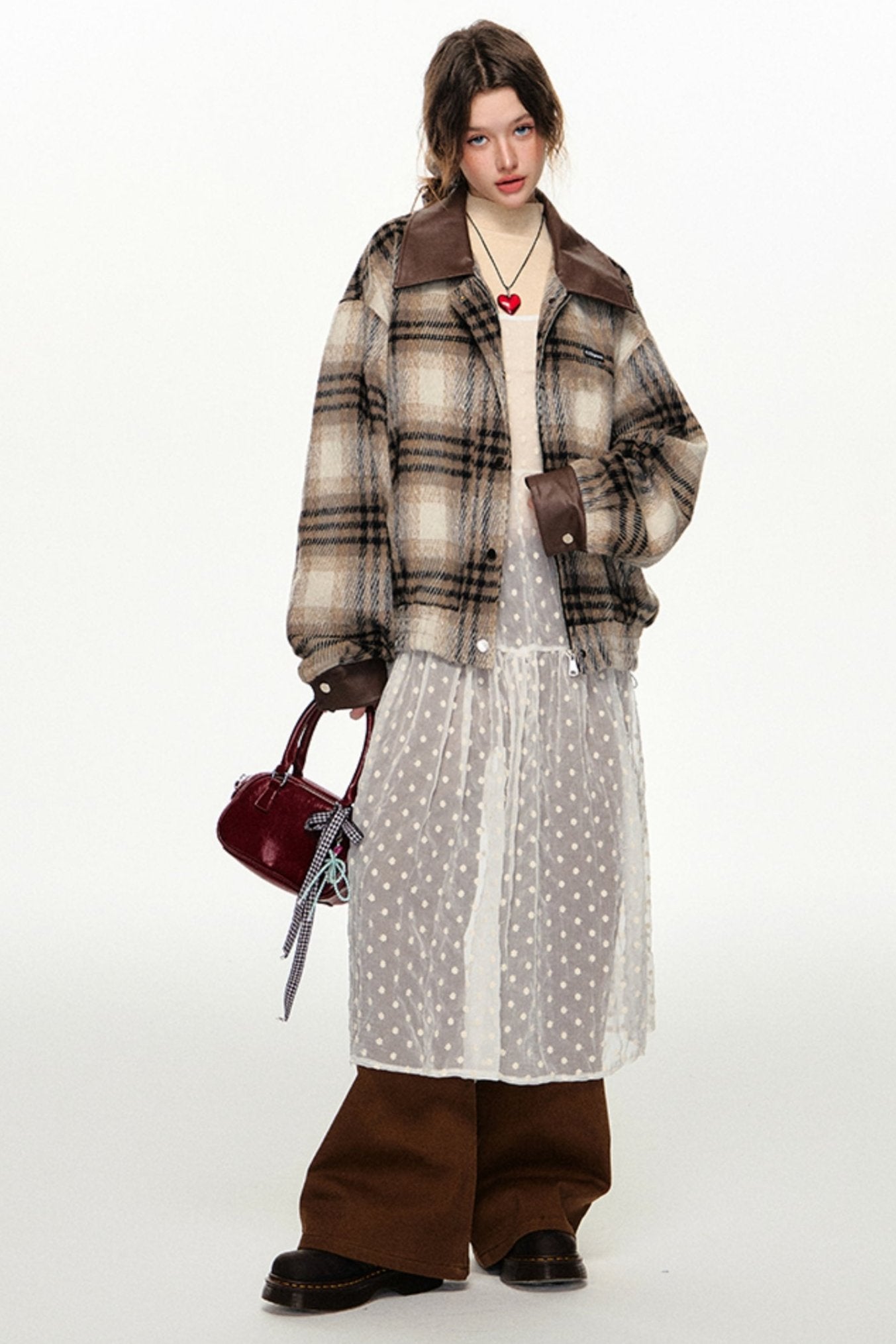 CyNi American Plaid Woolen Jacket Top, Wolle Tweed Revers, Herbst weiblich braun Temperament, Senior Short O