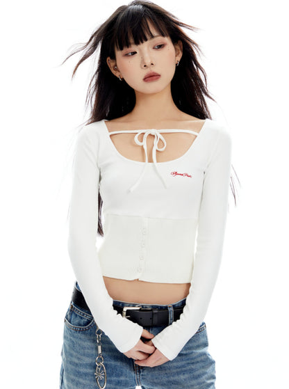 Cropped Knitted U-Neck Drawstring Top