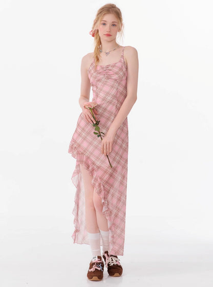 Pink Check Irregular Slip Dress