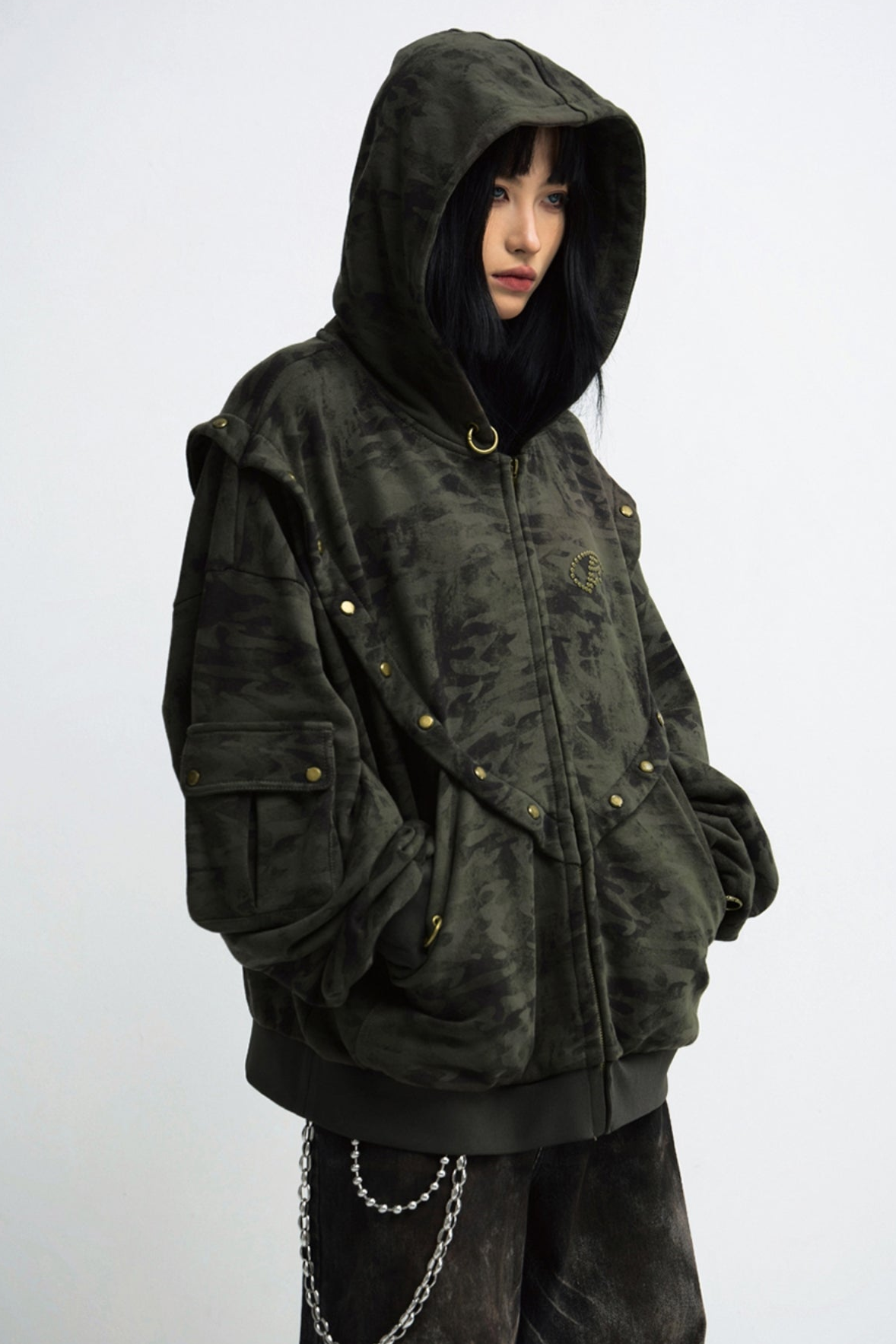 CAMOUFLAGE VINTAGE DISTRESSED HOODED JACKET