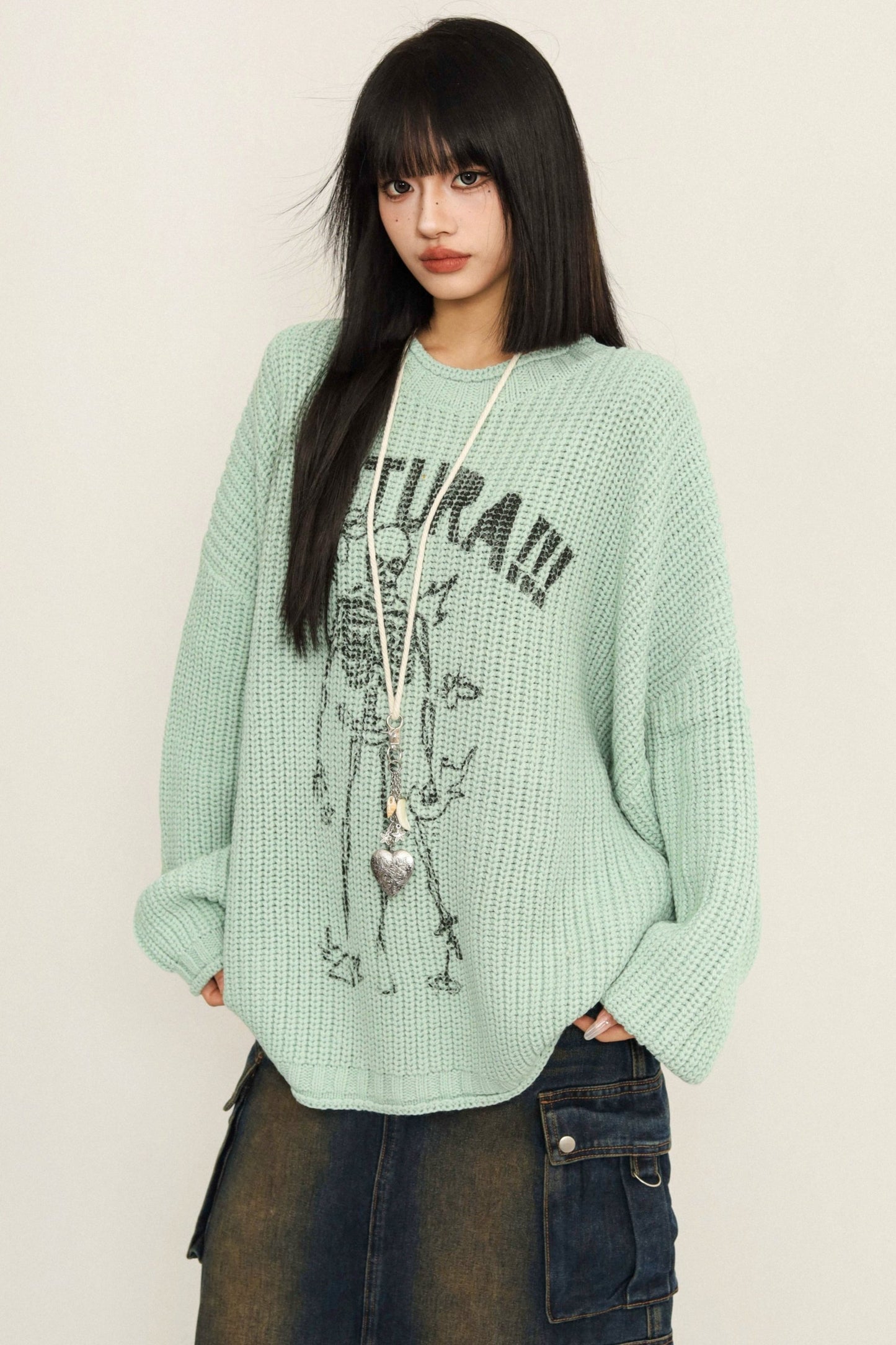 Slouchy Wool Knit Crew Neck Sweater