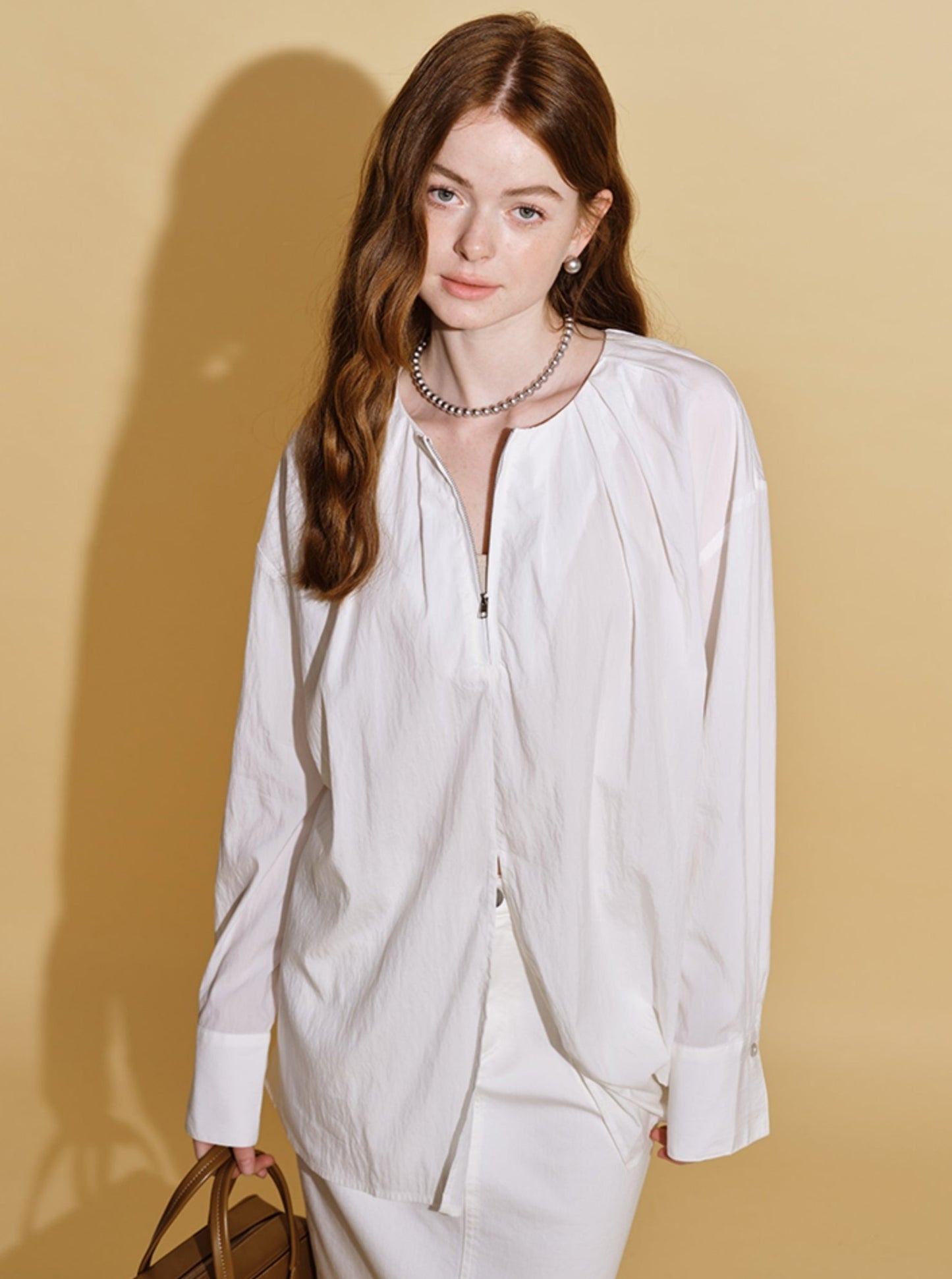 French Retro Half-Zip Tencel Shirt