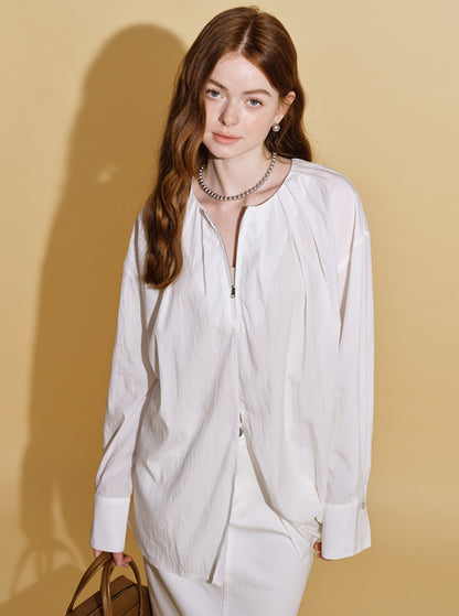 French Retro Half-Zip Tencel Shirt