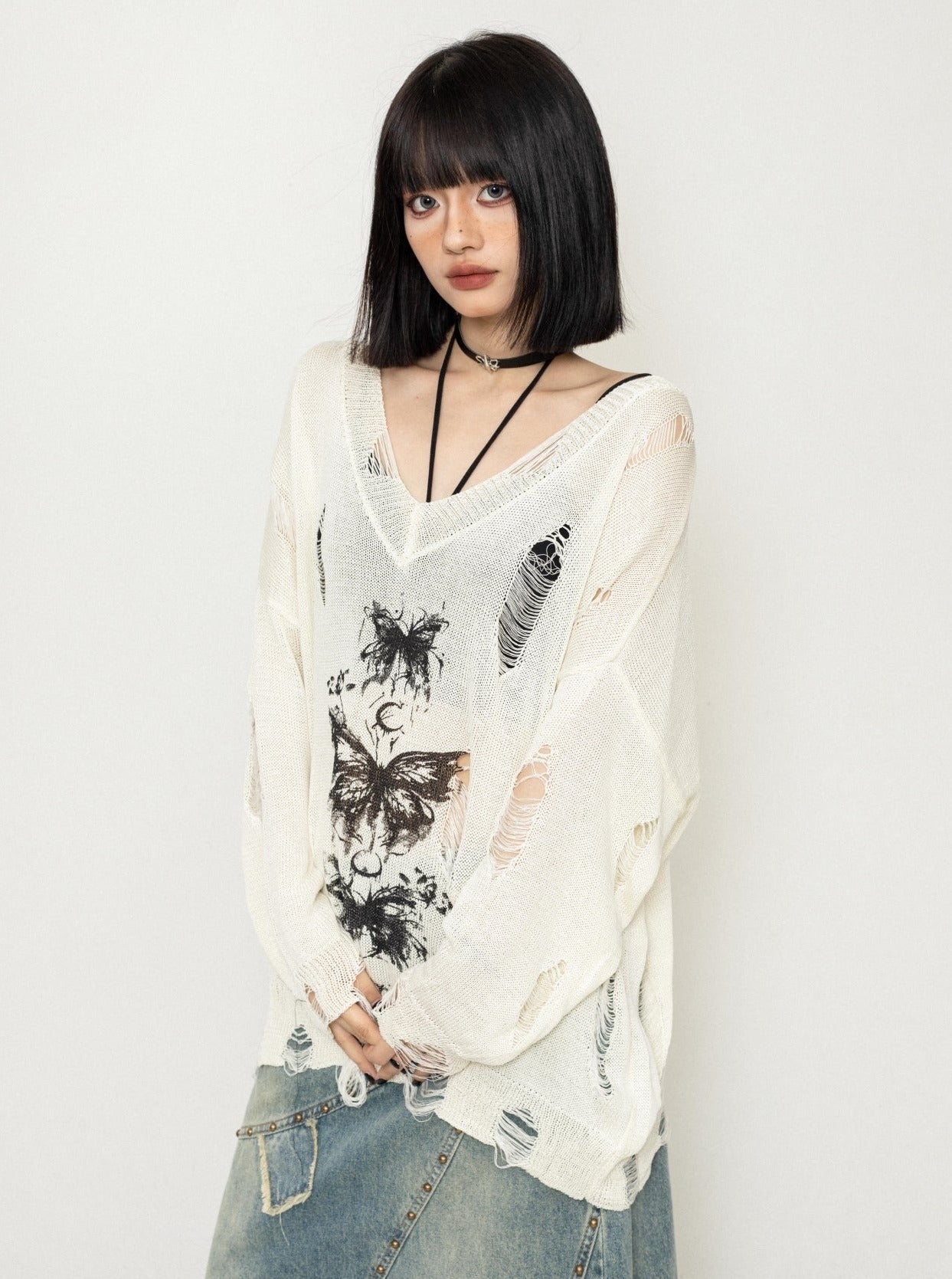 Mesh Cut-Out Butterfly Sweater Top