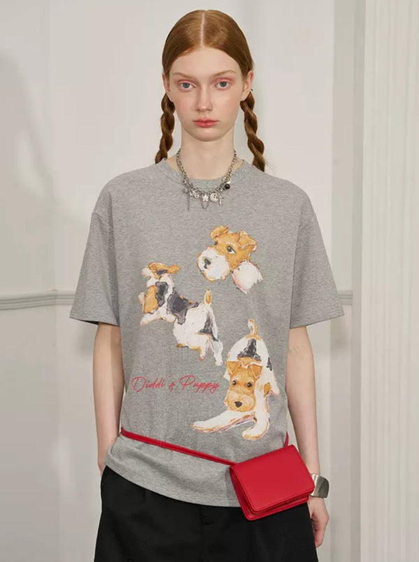 Puppies Funny Pose Print Loose T-Shirt