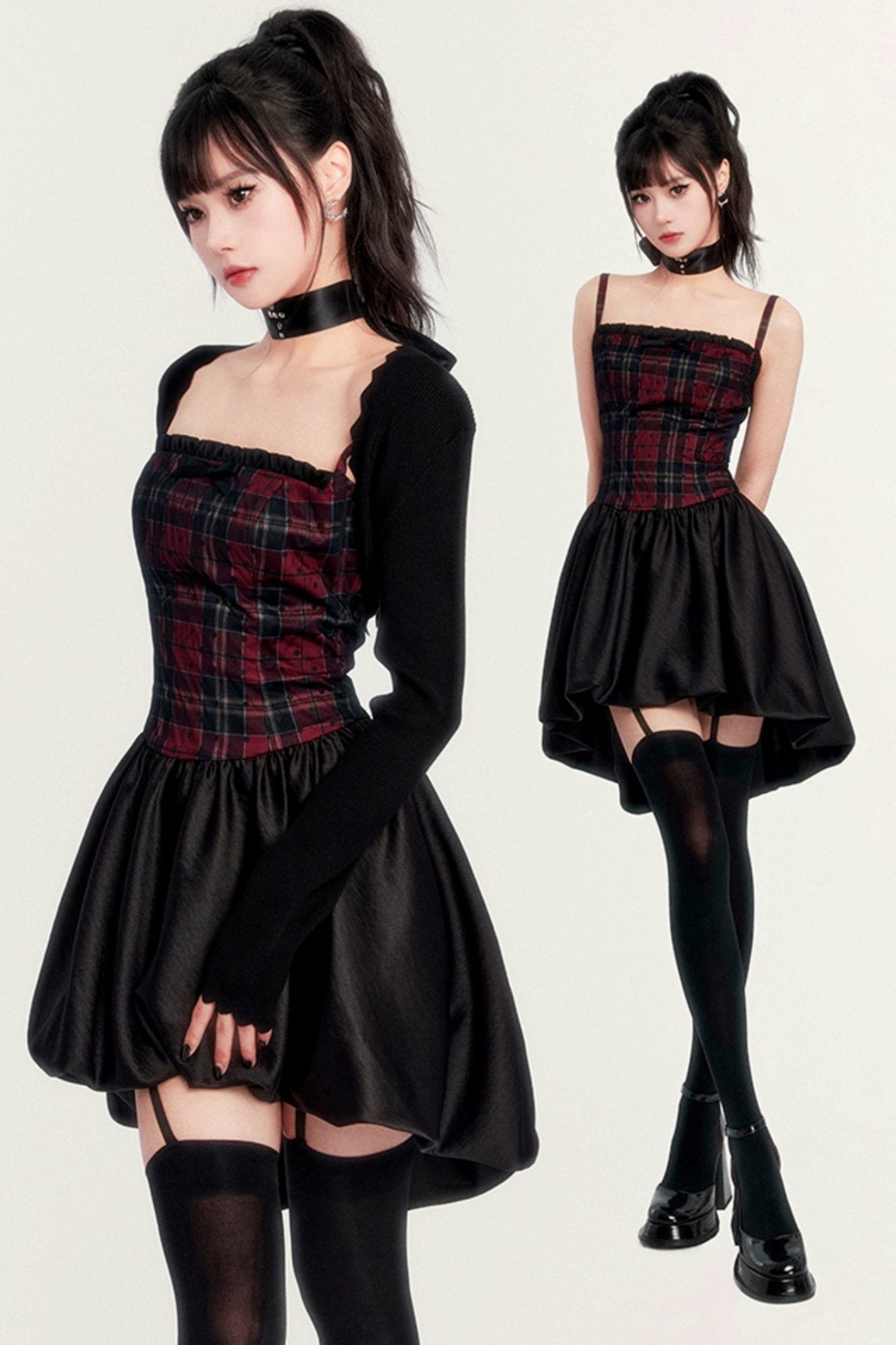 Dark Plaid Slim Slip Dress Set-Up