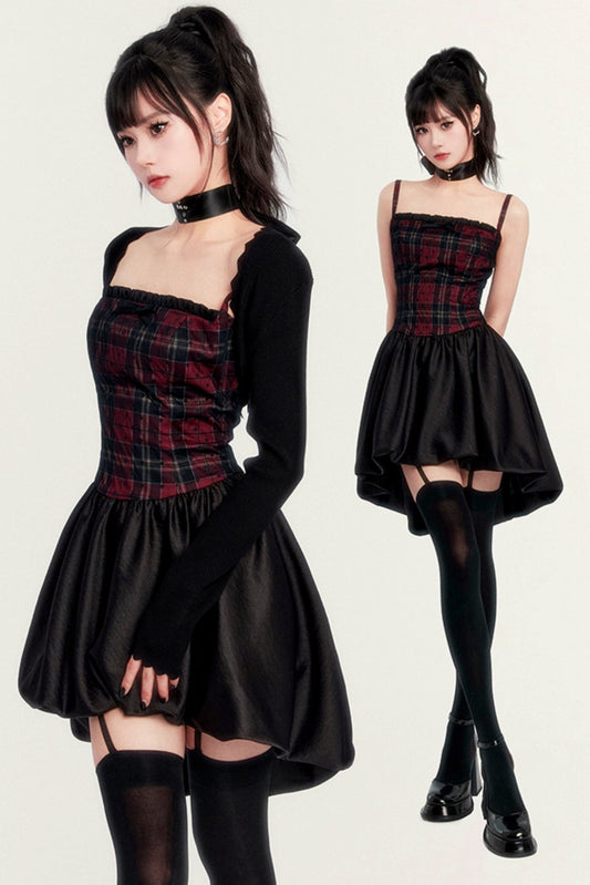 VOCK Rebellious Sweetheart Halloween Punk Dark Plaid Slim Slim Slip Dress Irregular Bud Skirt Autumn and Winter