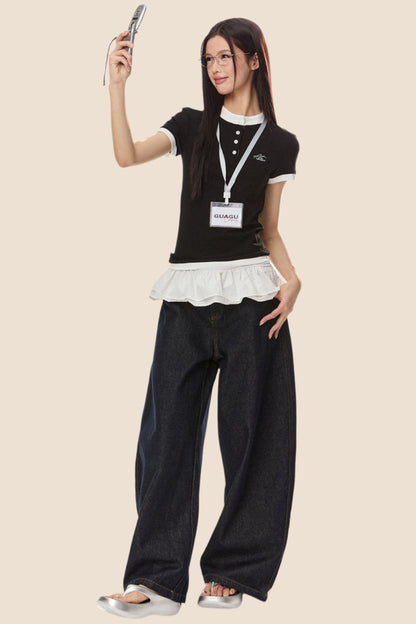 EZEK 아메리칸 레트로 페이크 투피스 그레이 반팔 티셔츠 여성 여름 신상 슬림 심플하고 다재다능한 대비 톱 