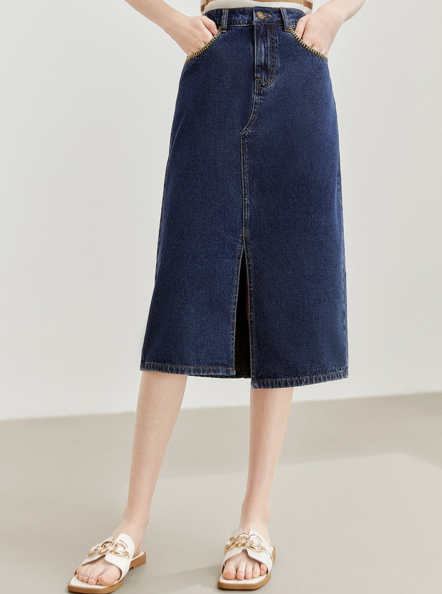 Retro Slit Denim Midi Skirt