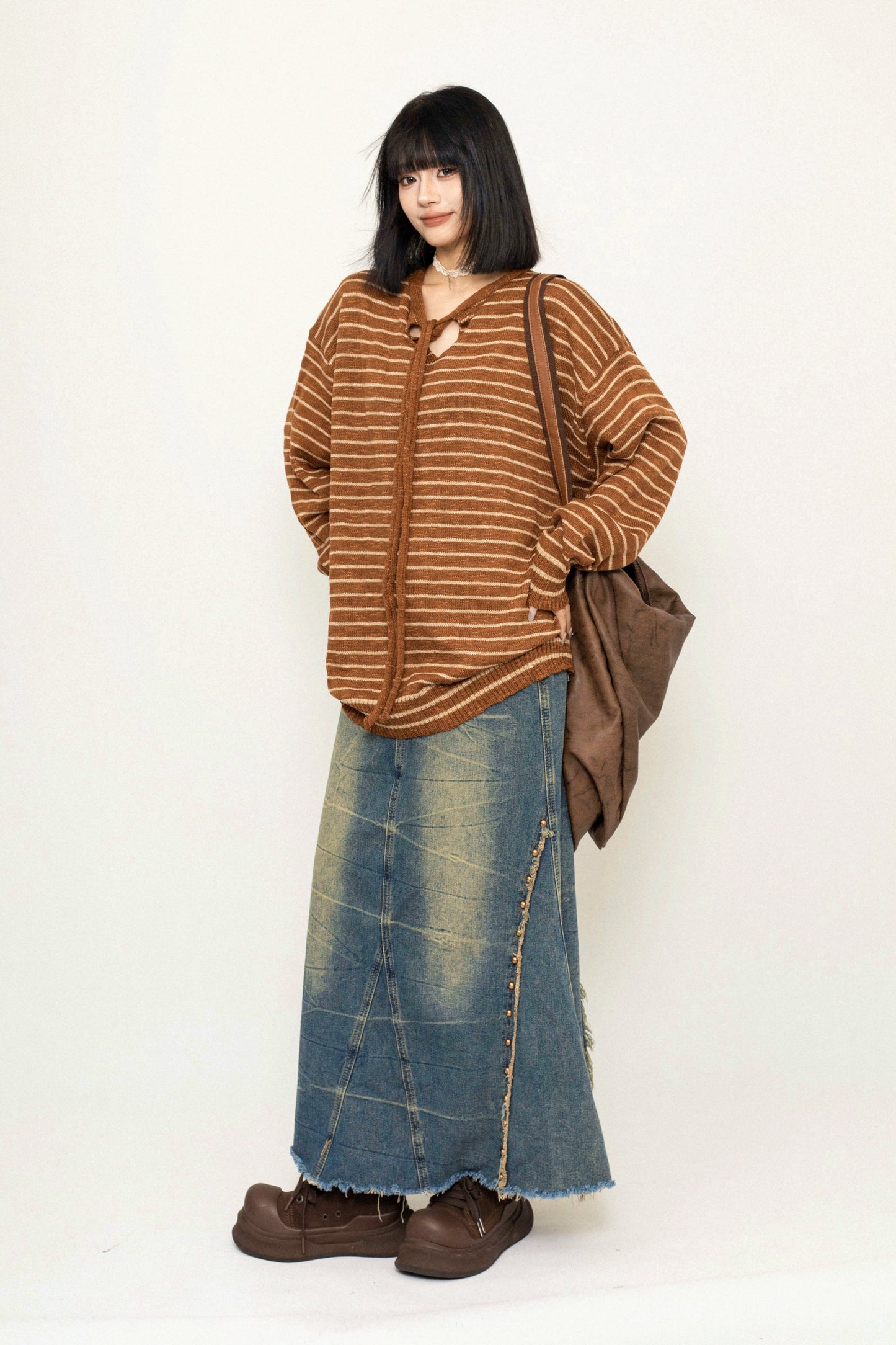 Lace-Up Striped Hooded Knit Sweater