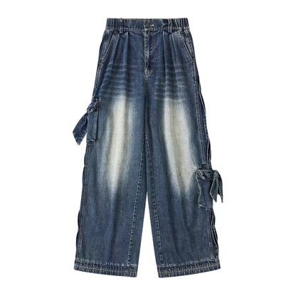 LOLOL ® 24FW Heavy Washed Distressed Bow Jeans Women's Loose Straight Wide Leg Casual Pants