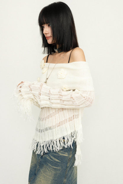 Off-Shoulder Tassel Knit Sweater