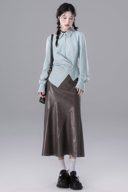 Shadow Gray Curved Leather Skirt