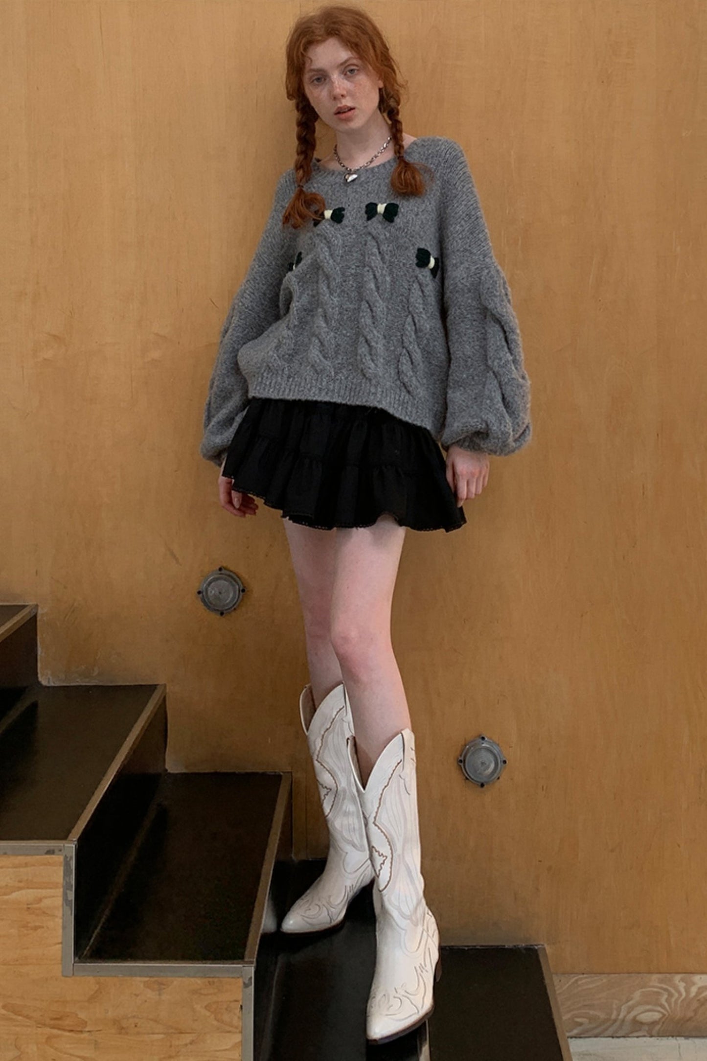 Grey Bow Pullover Knit Sweater Top