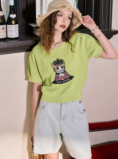 Puff Sleeve Hollow Silk Knit Top