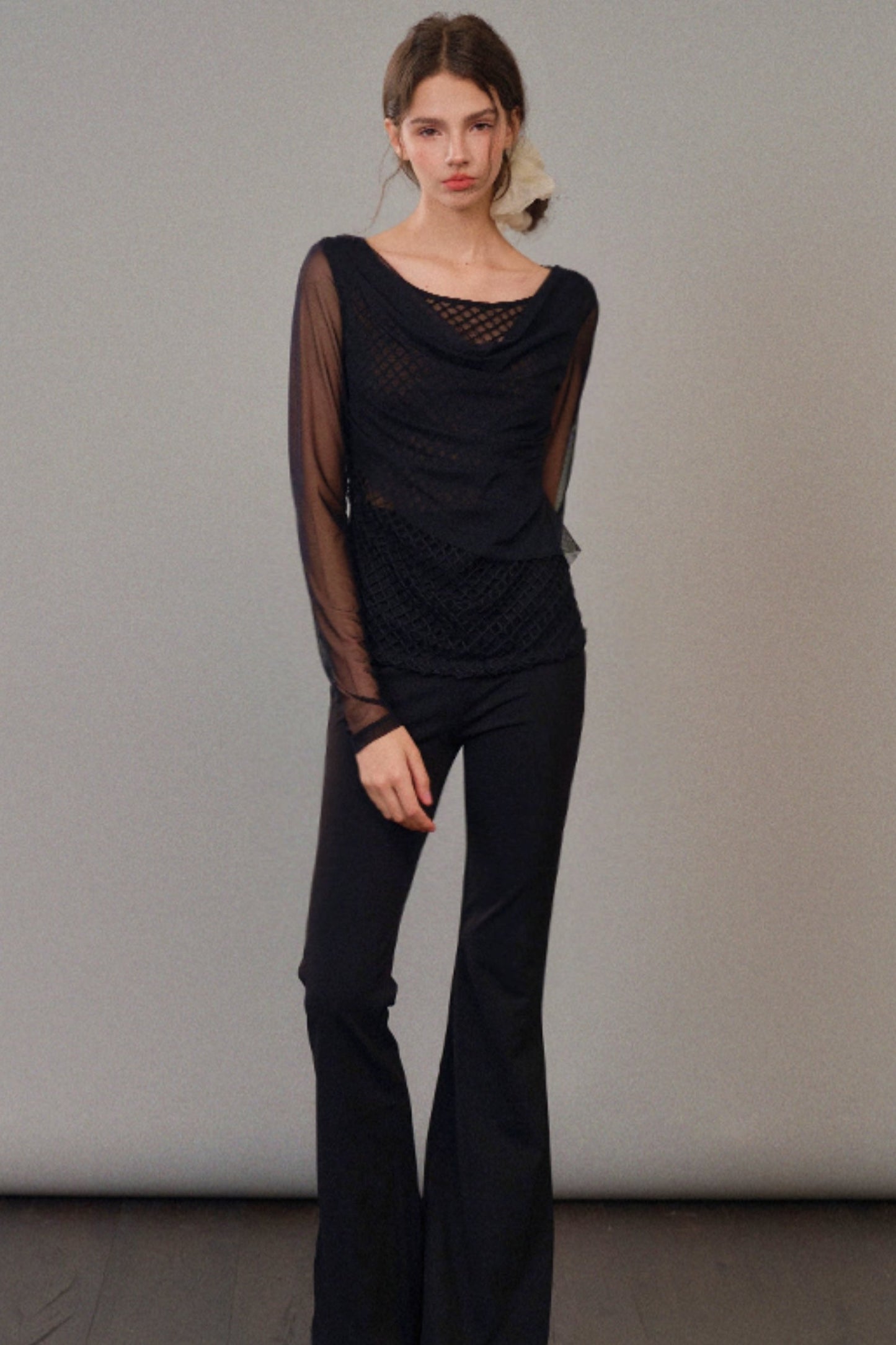 Black Temperament Mesh Long Sleeve Top