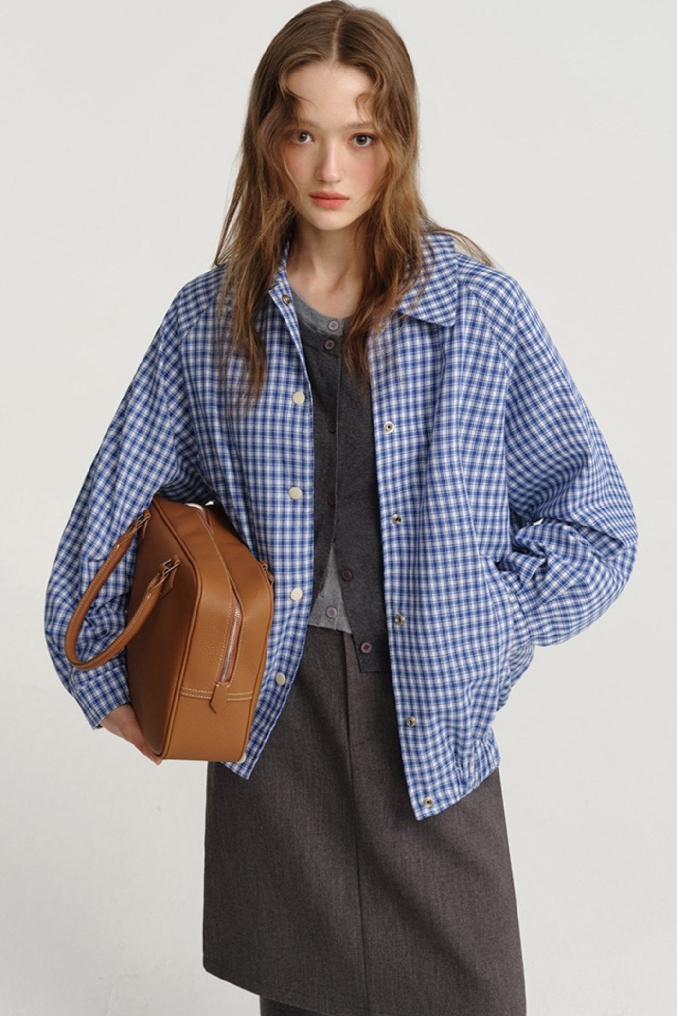 DESIGNER PLUS VINTAGE BLUE PLAID JACKET SHIRT WOMEN'S AUTUMN NEW CASUAL WAIST SHIRT SHORT JACKET