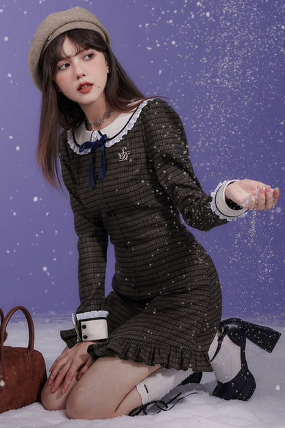 Retro College Style Checkered Slim Fit Dress Set-Up