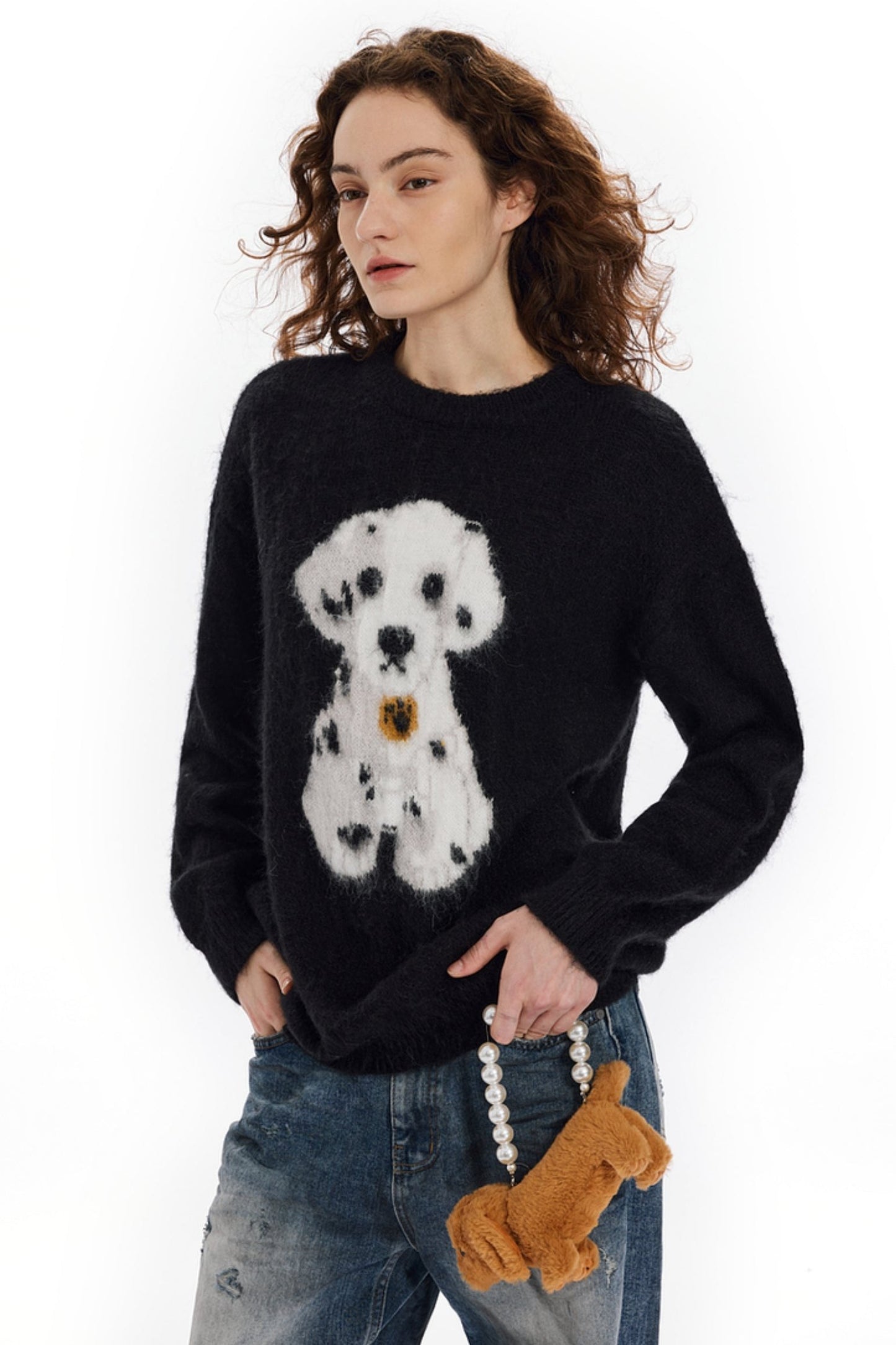 APEA American Mohair Dalmatiner Jacquard Lose Pullover Slouchy Crewneck Langärmliges Strickoberteil