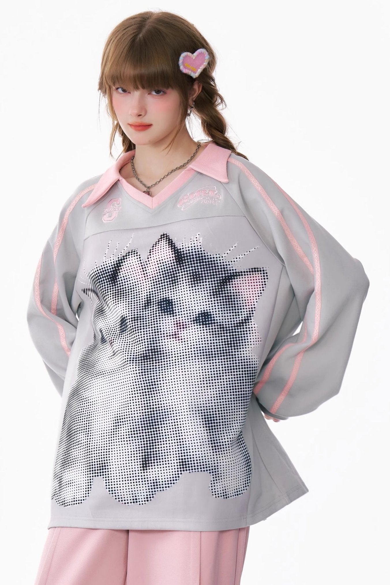 Cat Print Loose V-Neck Sweatshirt