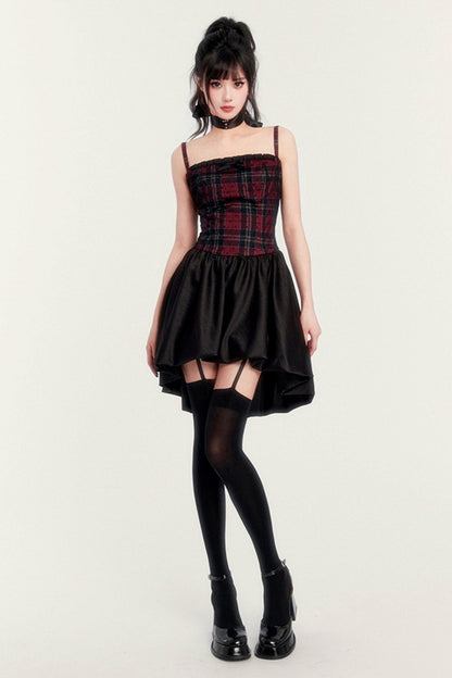 Dark Plaid Slim Slip Dress Set-Up