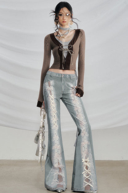 Visual Play Lace Ribbon Bow Jeans