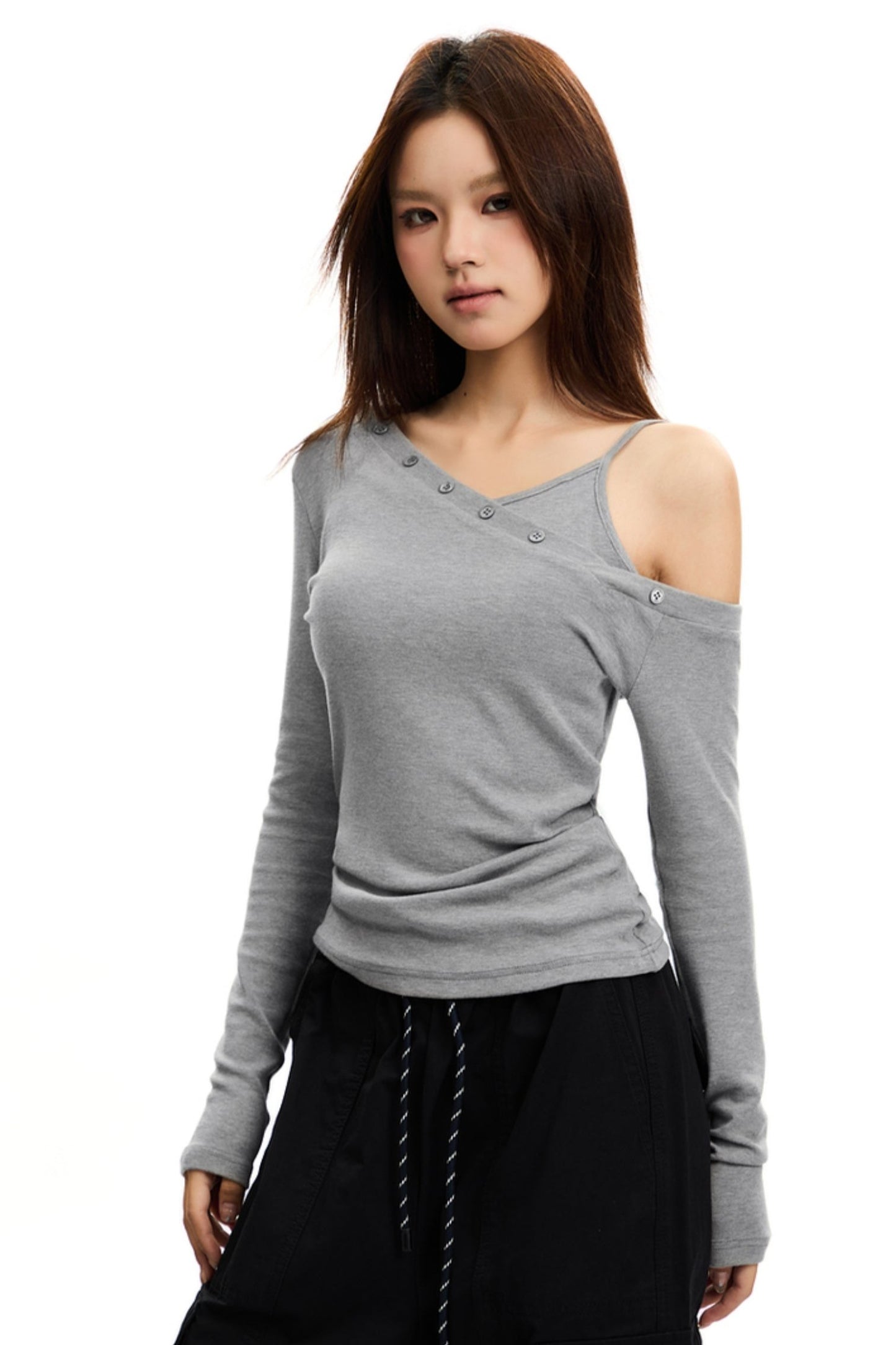 SLANTED SHOULDER IRREGULAR Button TWO-PIECE TOP