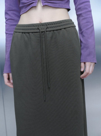 Elasticized Waist Drawstring Slit Long A-Skirt