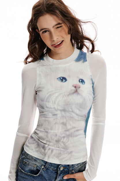 Cat Print Mesh Cropped T-Shirt