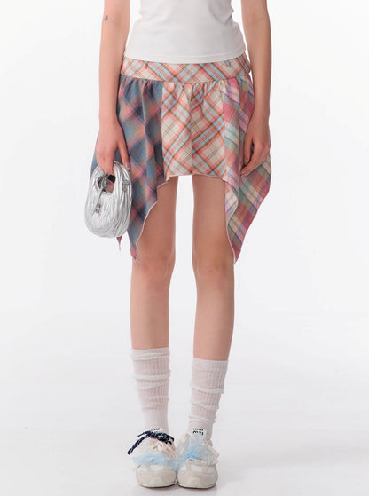 Contrast Stitching Pink Plaid Skirt