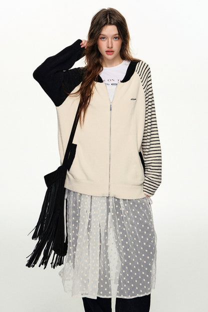 Black and White Striped Hooded Cardigan