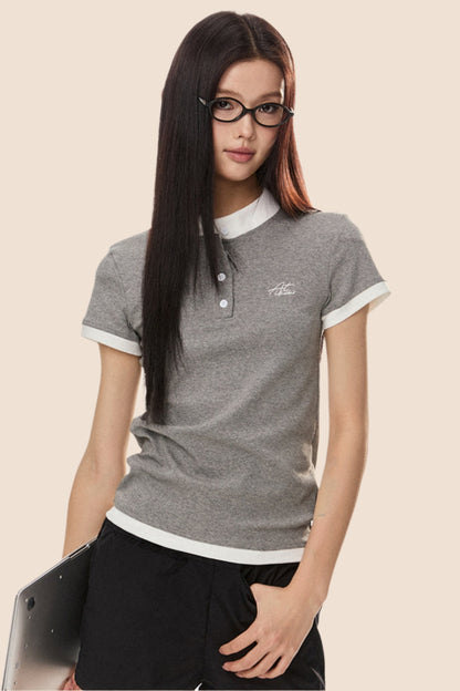 EZEK 아메리칸 레트로 페이크 투피스 그레이 반팔 티셔츠 여성 여름 신상 슬림 심플하고 다재다능한 대비 톱 