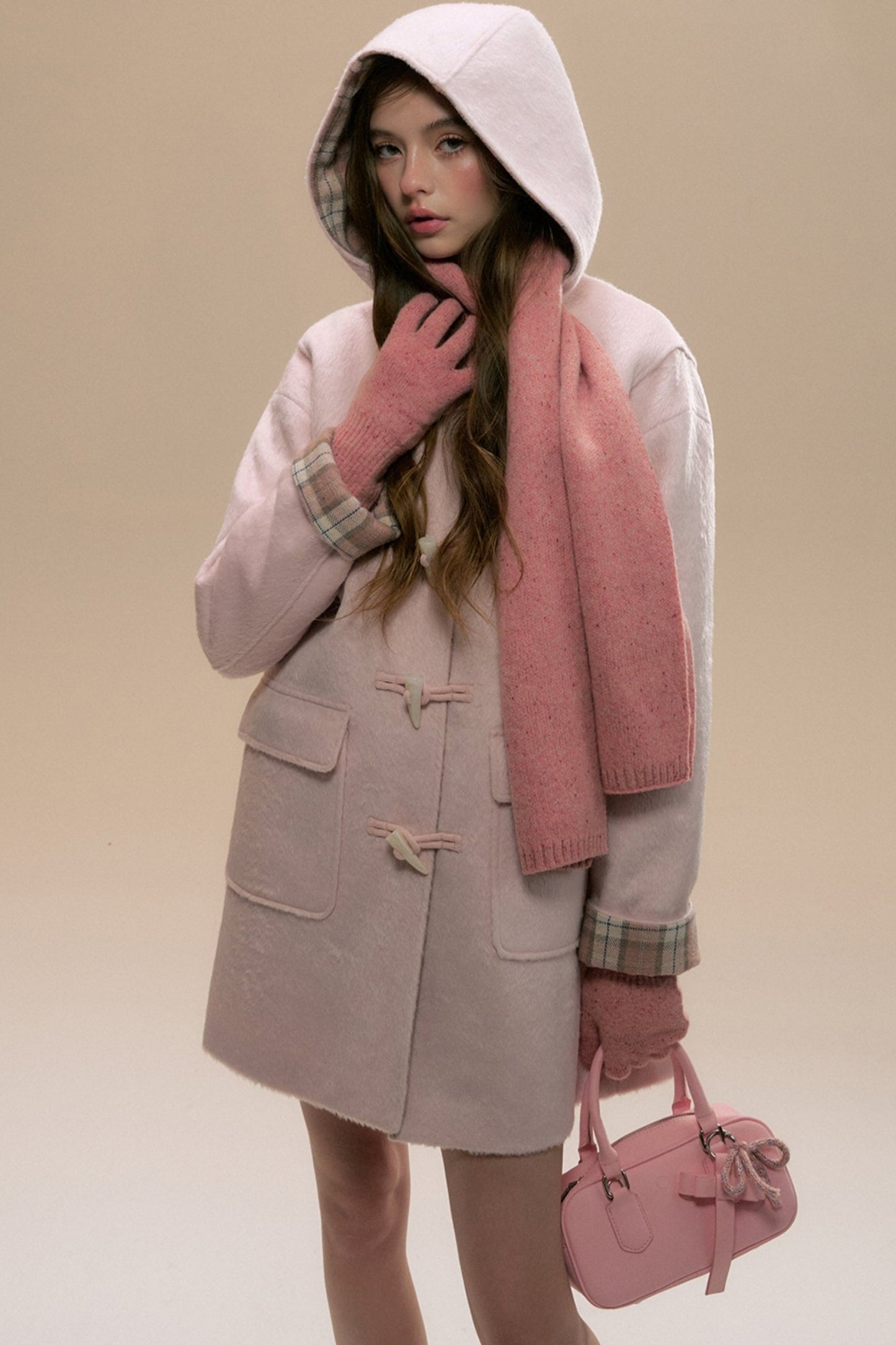 Pink Check Horn Button Coat