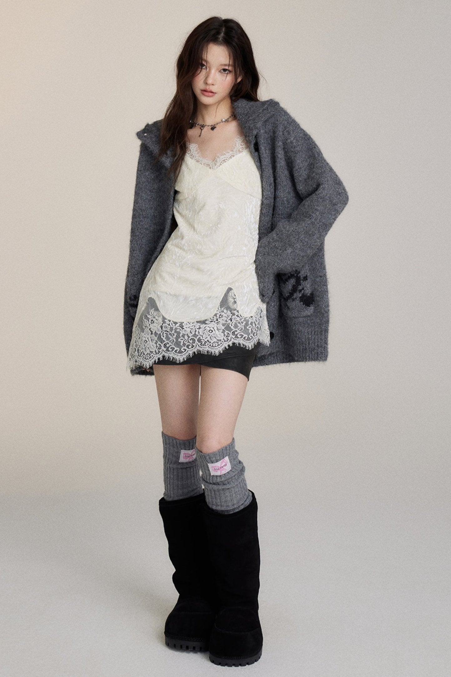 Grey Turtleneck Wool Knitted Cardigan